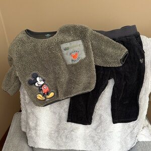 Disney Kids Green Fuzzy Mickey Mouse Top and Black Corduroy Pants Set